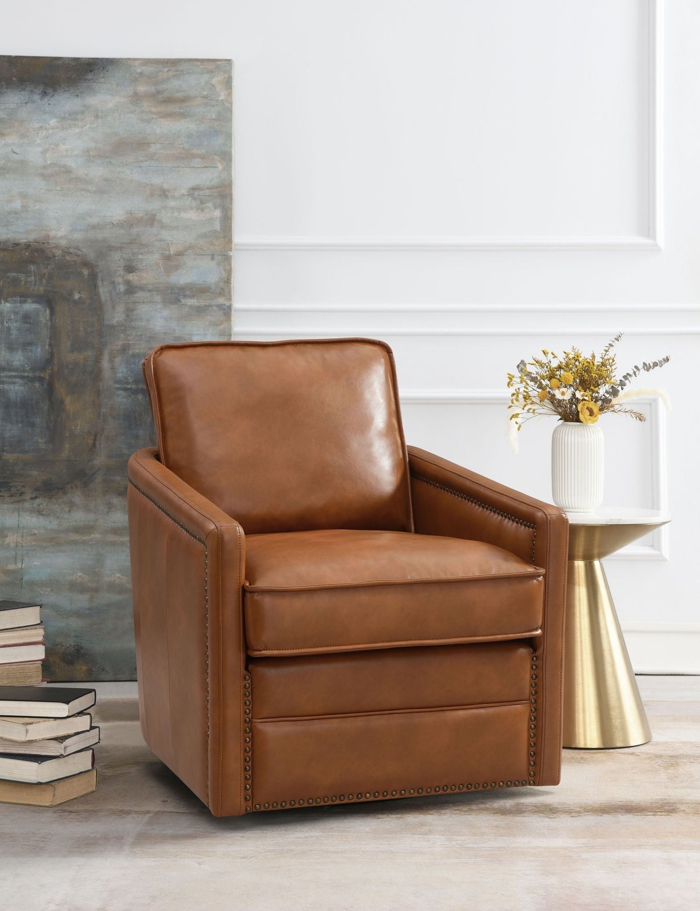 Rocha Aire Swivel Chair With Glider in rich brown leather, nailhead trim on Tampa Home & Garden Store