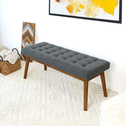 Modern gray velvet upholstered bench with tufted top and tapered wooden legs on Tampa Home & Garden Store