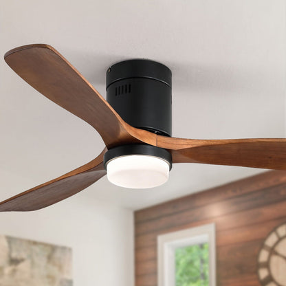 Indoor ceiling fan with lights, black motor housing, four wooden blades and white diffuser on Tampa Home & Garden Store