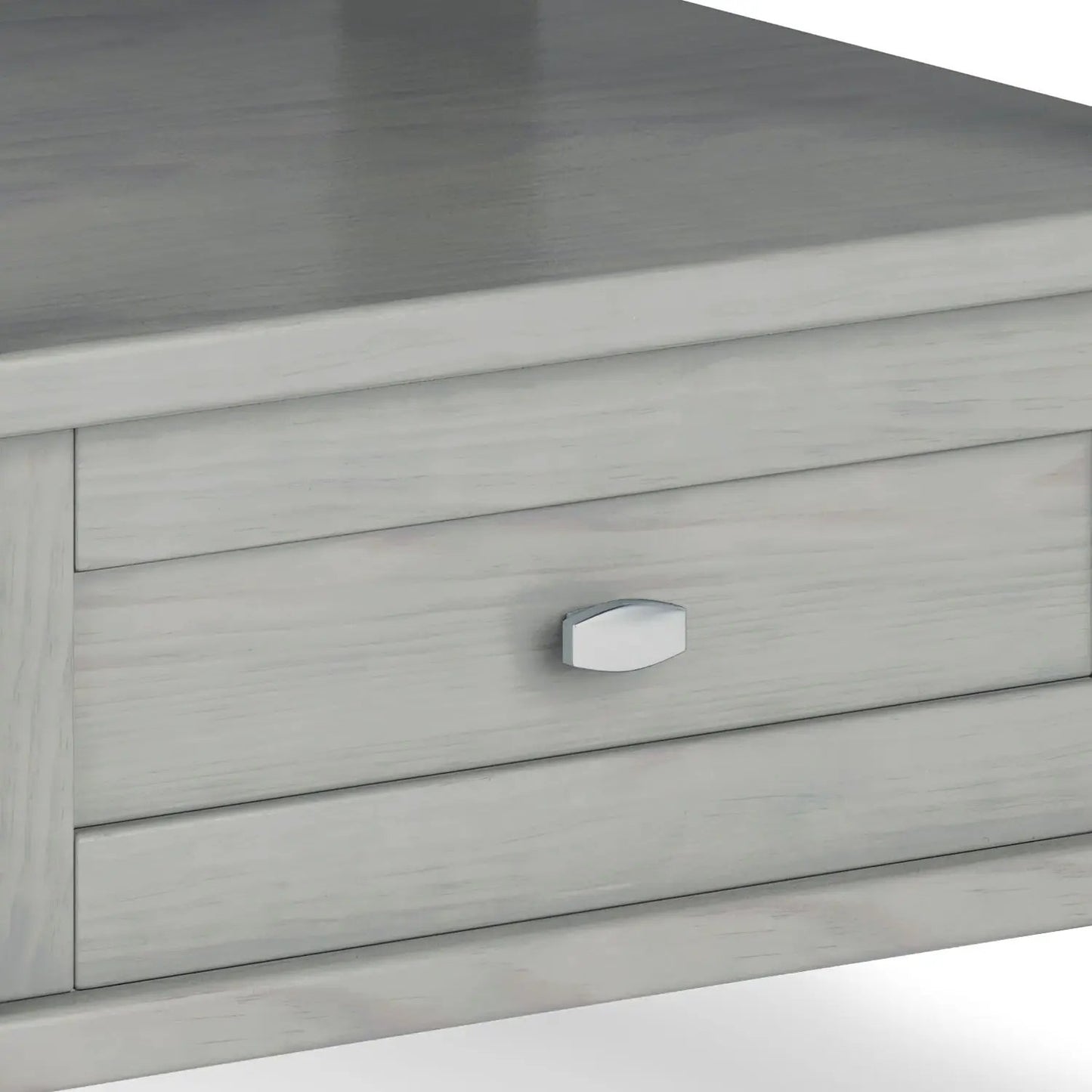 Warm Shaker handcrafted coffee table in pale gray distressed wood with a silver knob on Tampa Home & Garden Store
