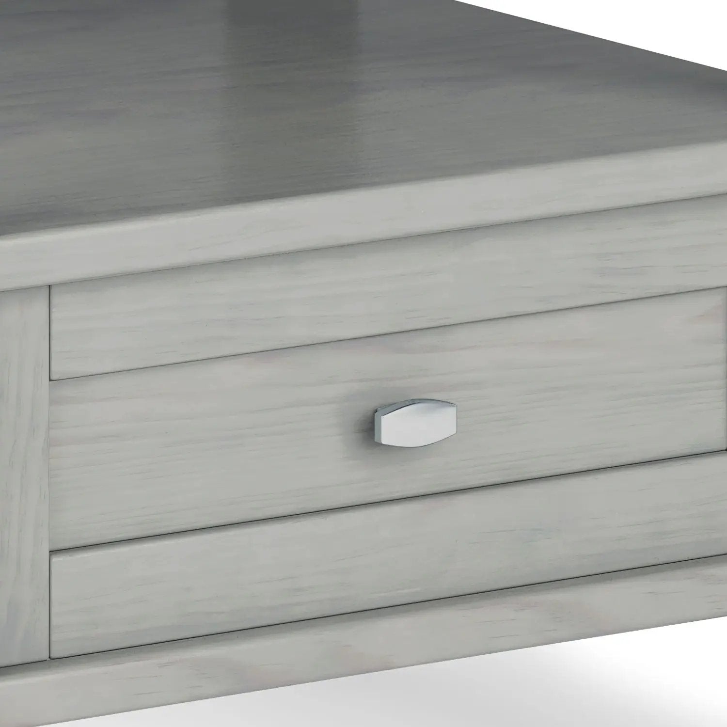 Warm Shaker handcrafted coffee table in pale gray distressed wood with a silver knob on Tampa Home & Garden Store