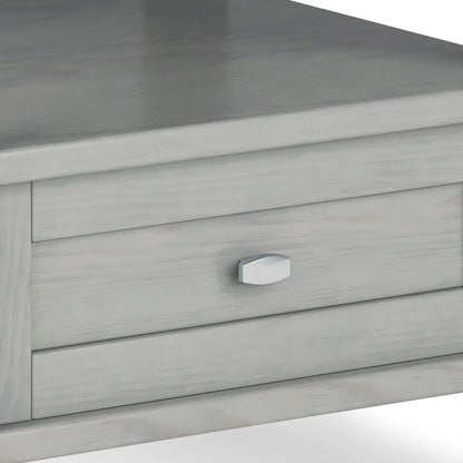 Warm Shaker handcrafted coffee table in pale gray distressed wood with a silver knob on Tampa Home & Garden Store