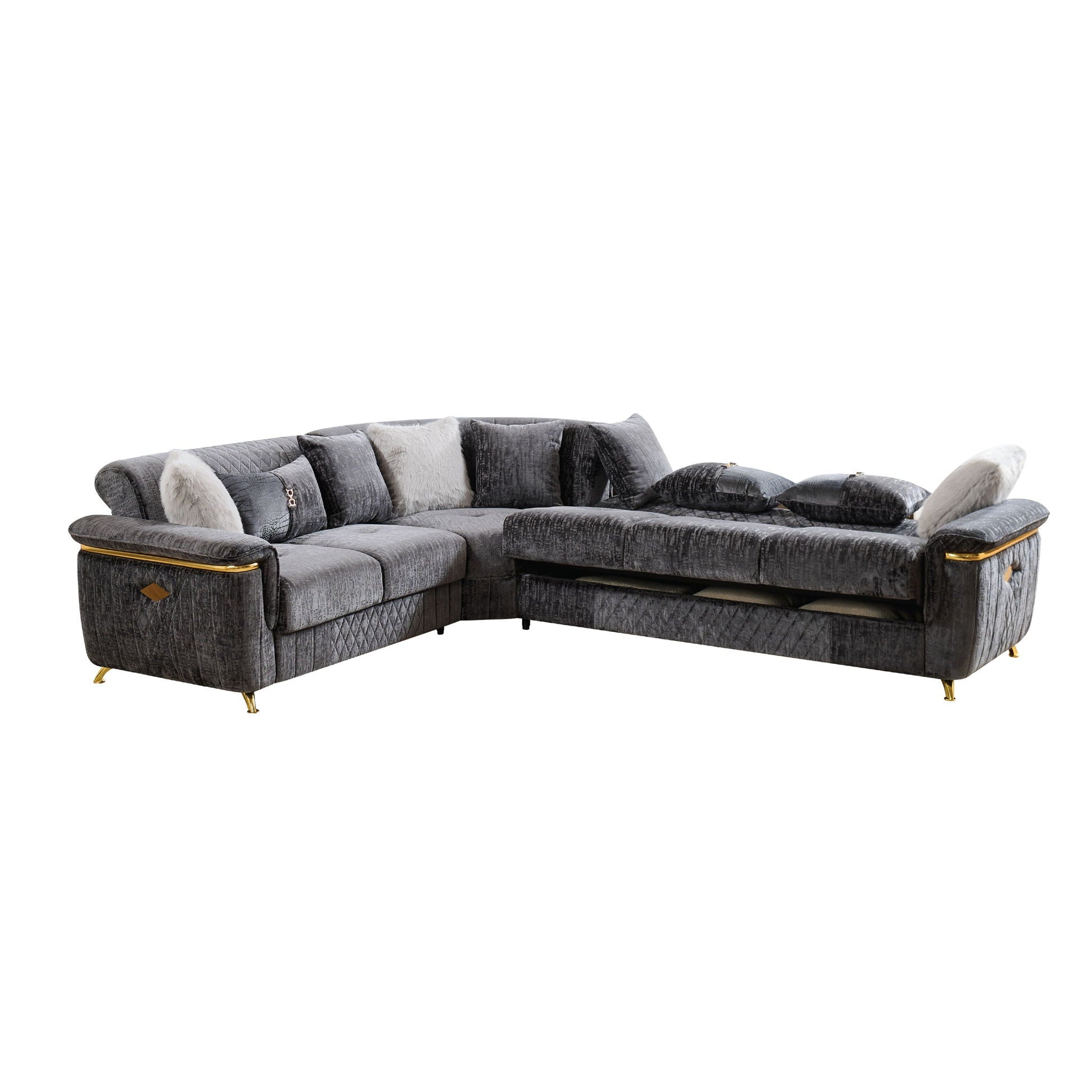 Argo Reversible Sectional gray velvet with gold legs by HouseOfZazla on Tampa Home & Garden Store