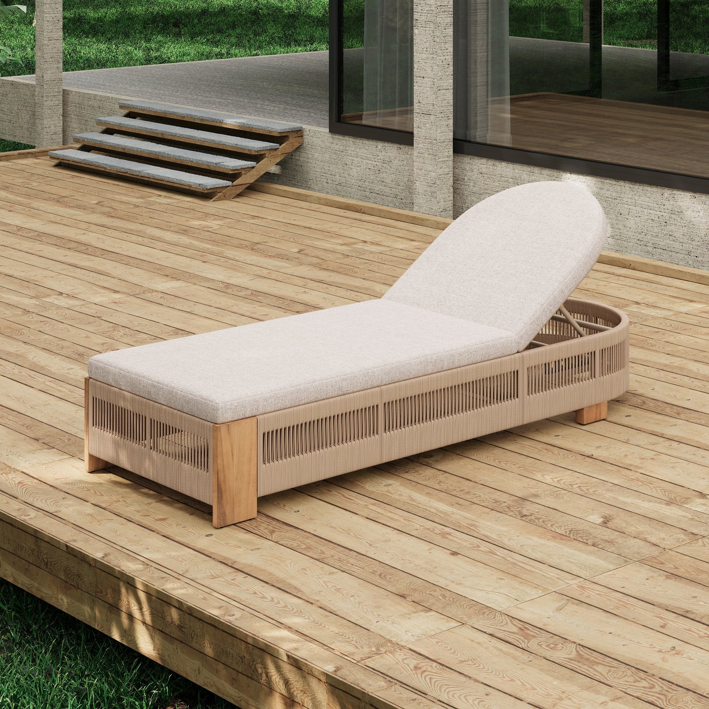 Outdoor chaise lounge with acacia wood frame and beige cushion, adjustable backrest on Tampa Home & Garden Store