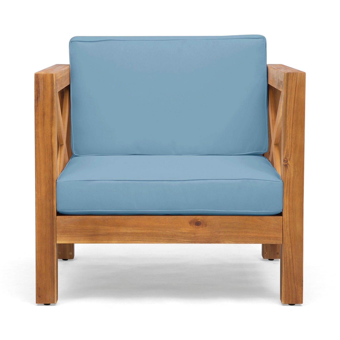 Brava mid-century modern outdoor arm chair with blue water-resistant cushions and wood frame on Tampa Home & Garden Store