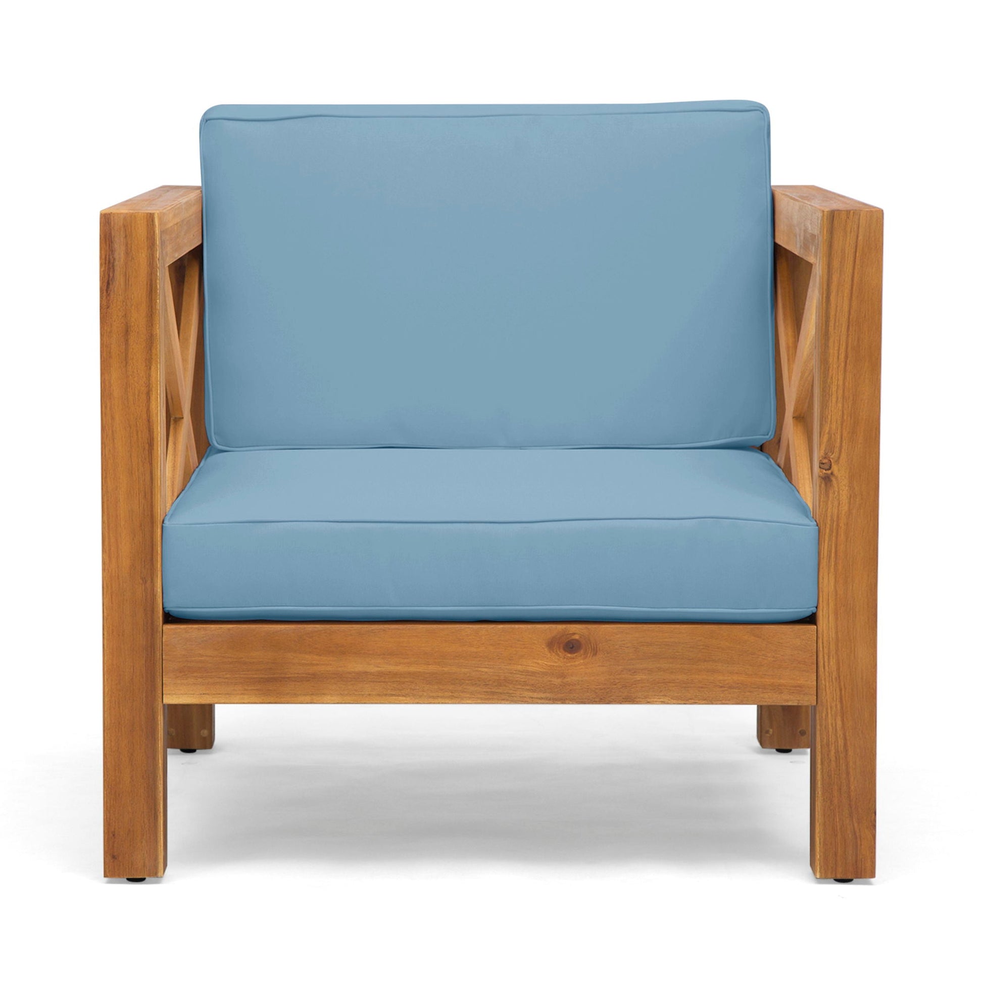 Brava mid-century modern outdoor arm chair with blue water-resistant cushions and wood frame on Tampa Home & Garden Store