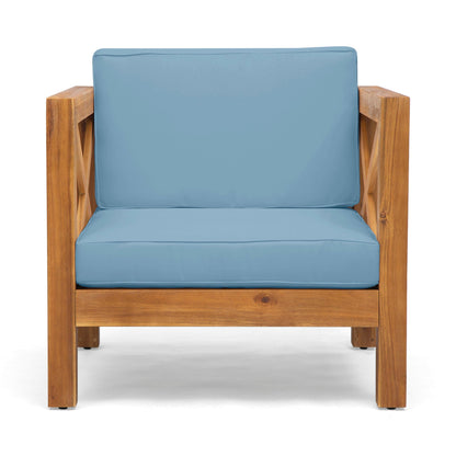 Brava mid-century modern outdoor arm chair with blue water-resistant cushions and wood frame on Tampa Home & Garden Store