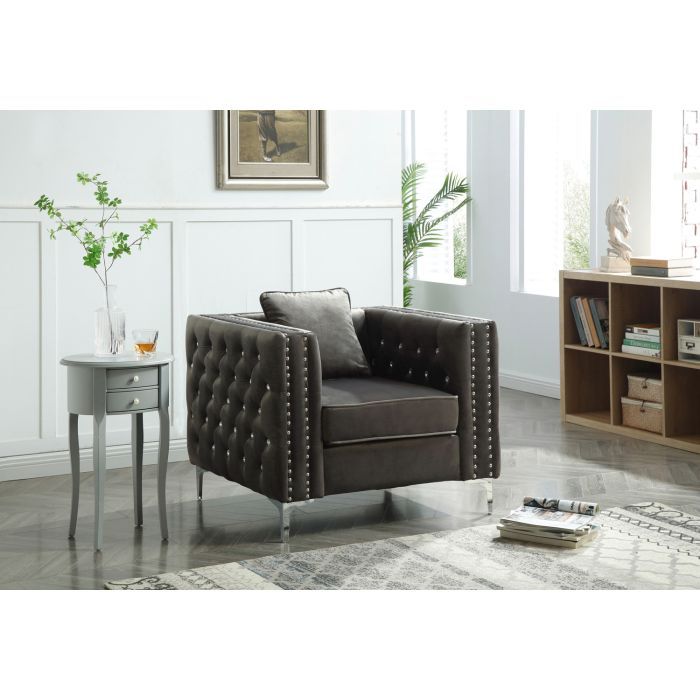 Tufted Arm Chair Paige by HouseOfZazla, dark gray velvet with diamond tufting and nailhead trim on Tampa Home & Garden Store