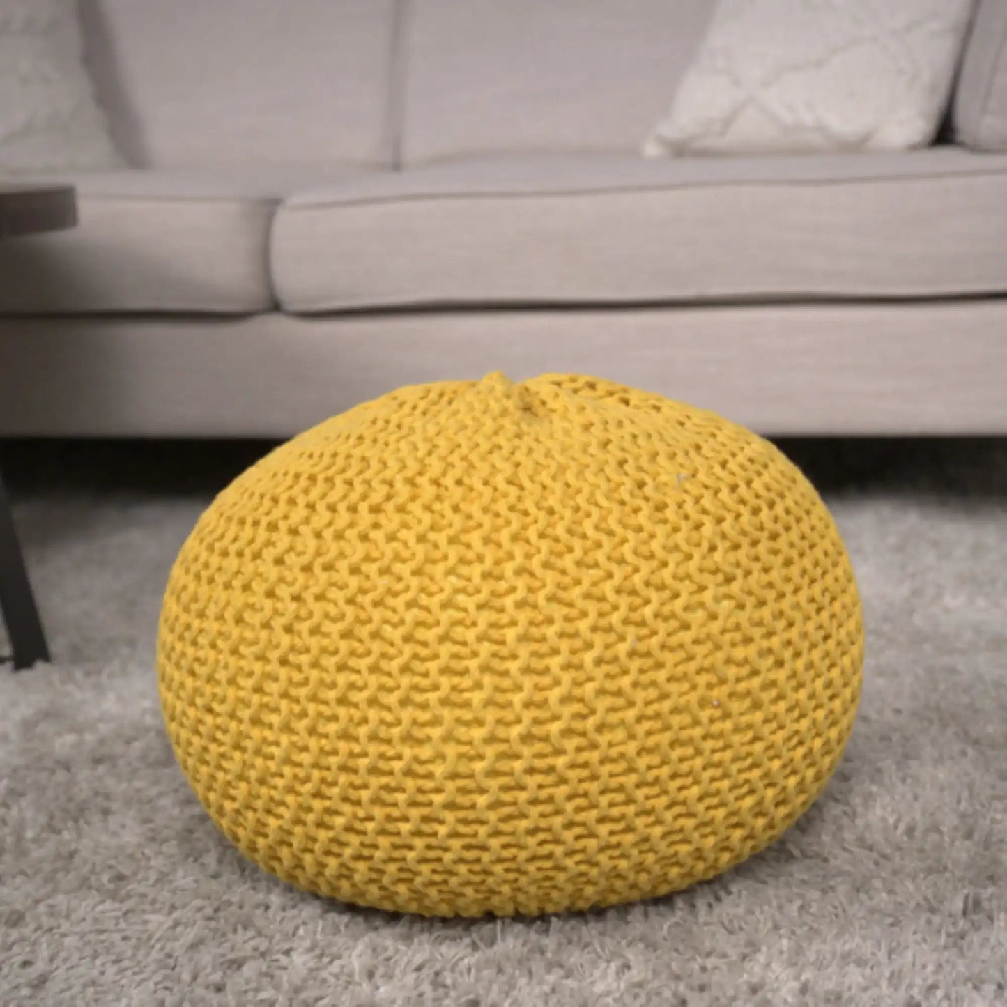 Yellow knitted cotton round pouf ottoman and floor cushion on Tampa Home & Garden Store