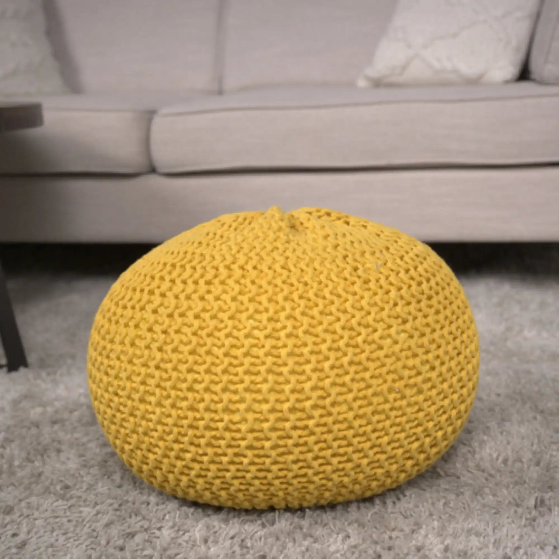Yellow knitted cotton round pouf ottoman and floor cushion on Tampa Home & Garden Store