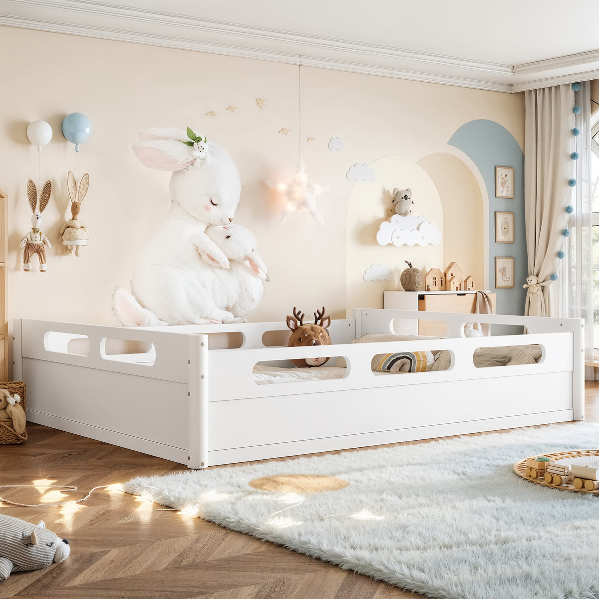 Queen Size Floor Platform Bed with Full-Length Guardrails white wooden frame HouseOfZazla on Tampa Home & Garden Store