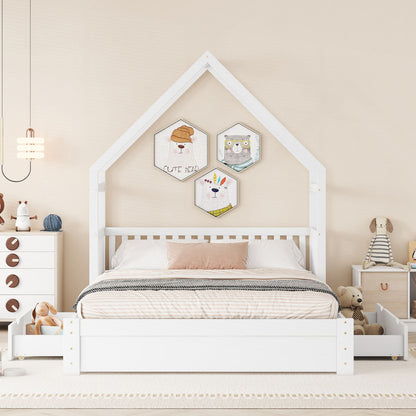 House style platform bed with guardrail and 2 under-bed drawers in white finish on Tampa Home & Garden Store