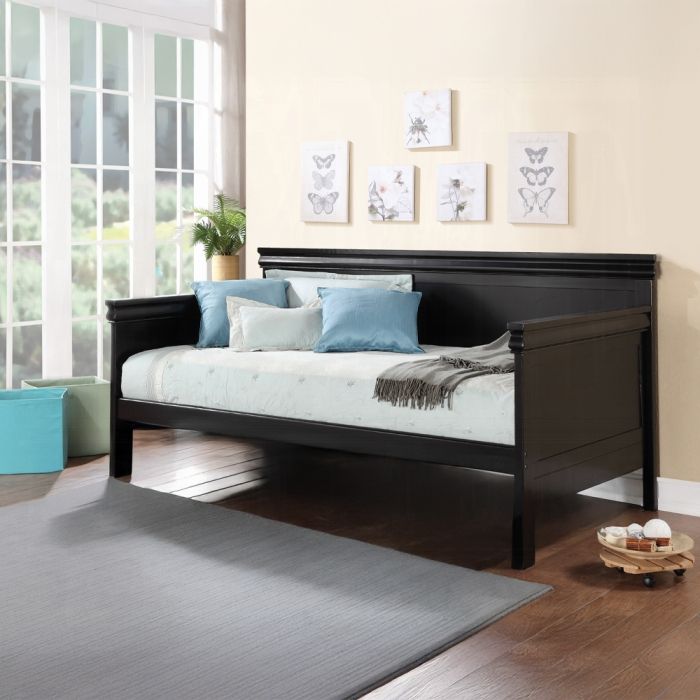 Bailee Twin Daybed - Black with blue and gray pillows, solid wood frame in a bright sunlit room on Tampa Home & Garden Store