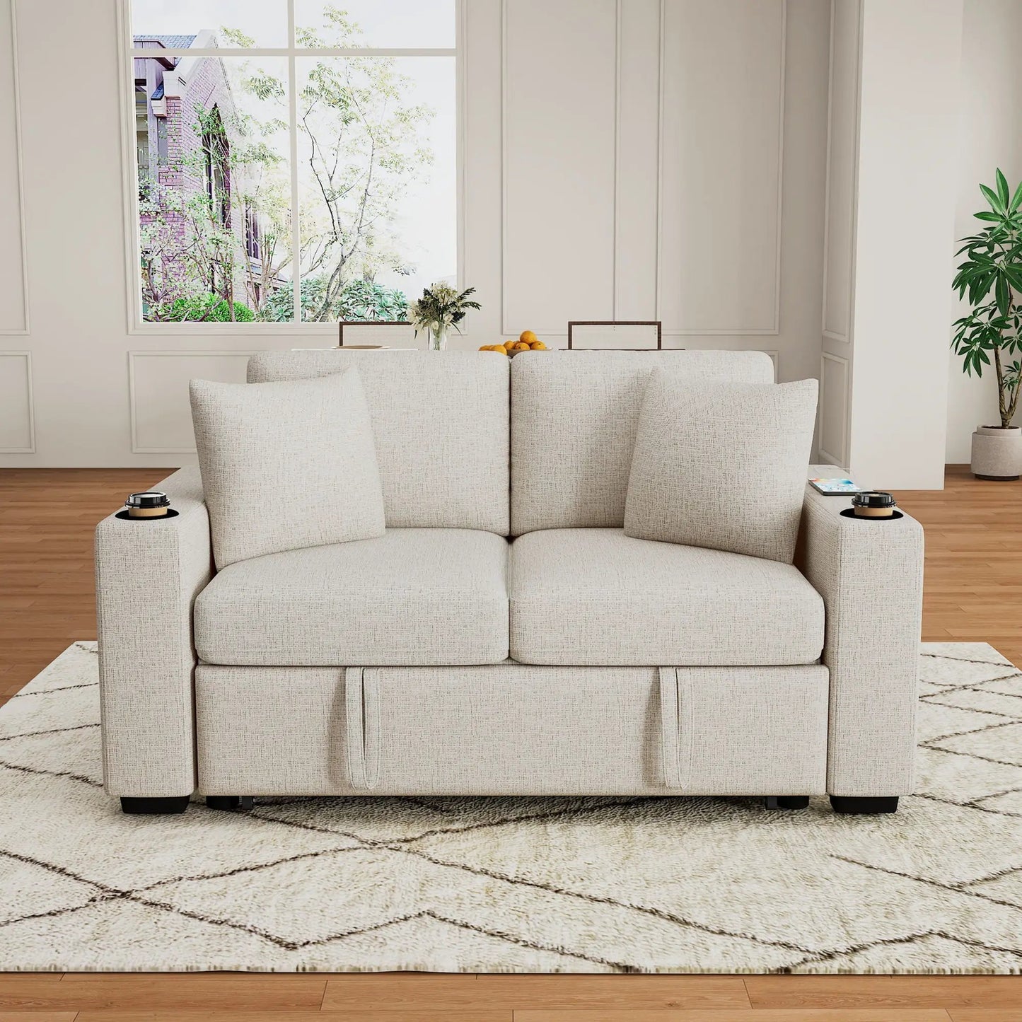 Modern 2-seater sleeper loveseat in beige fabric with pull-out bed, USB ports and cup holders on Tampa Home & Garden Store