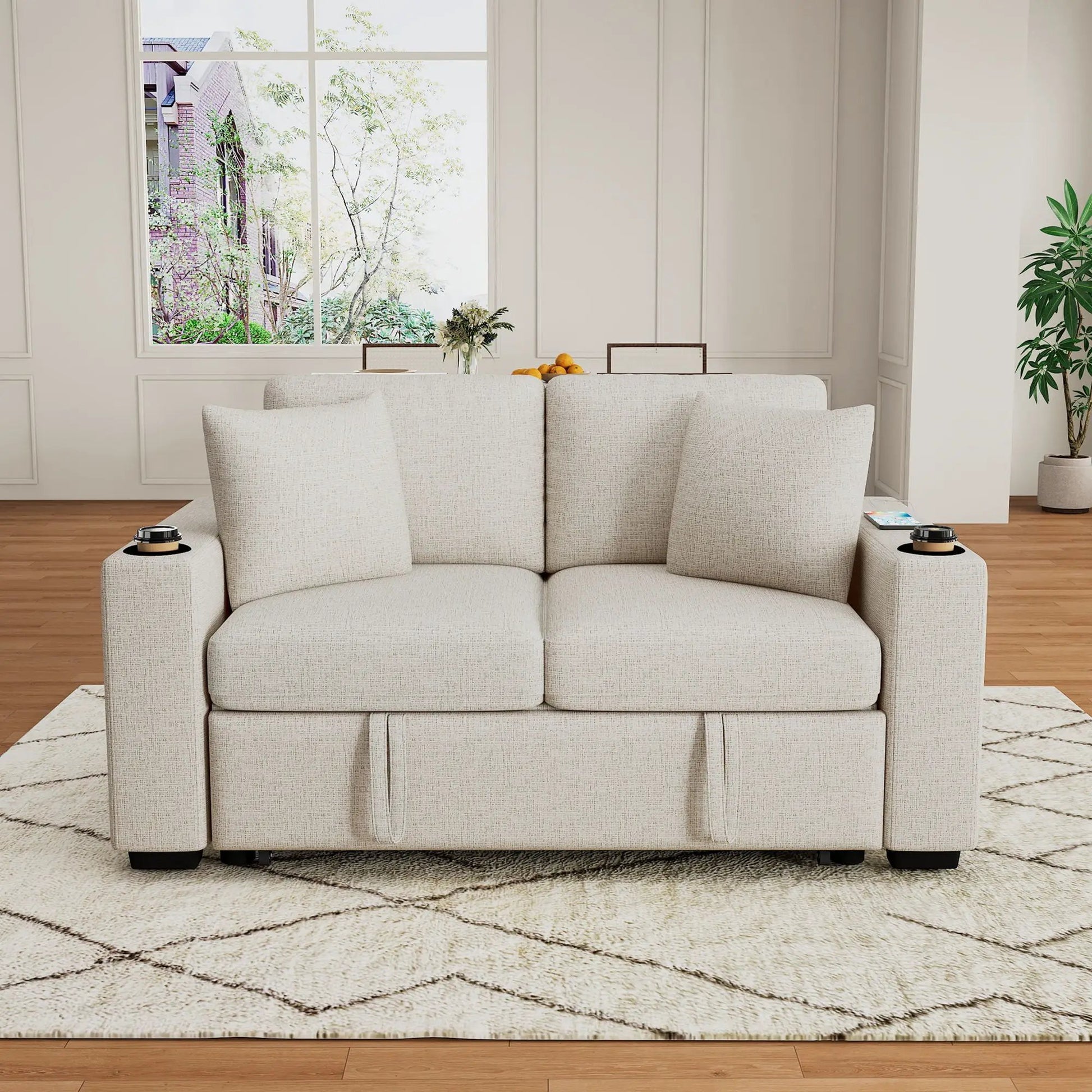 Modern 2-seater sleeper loveseat in beige fabric with pull-out bed, USB ports and cup holders on Tampa Home & Garden Store