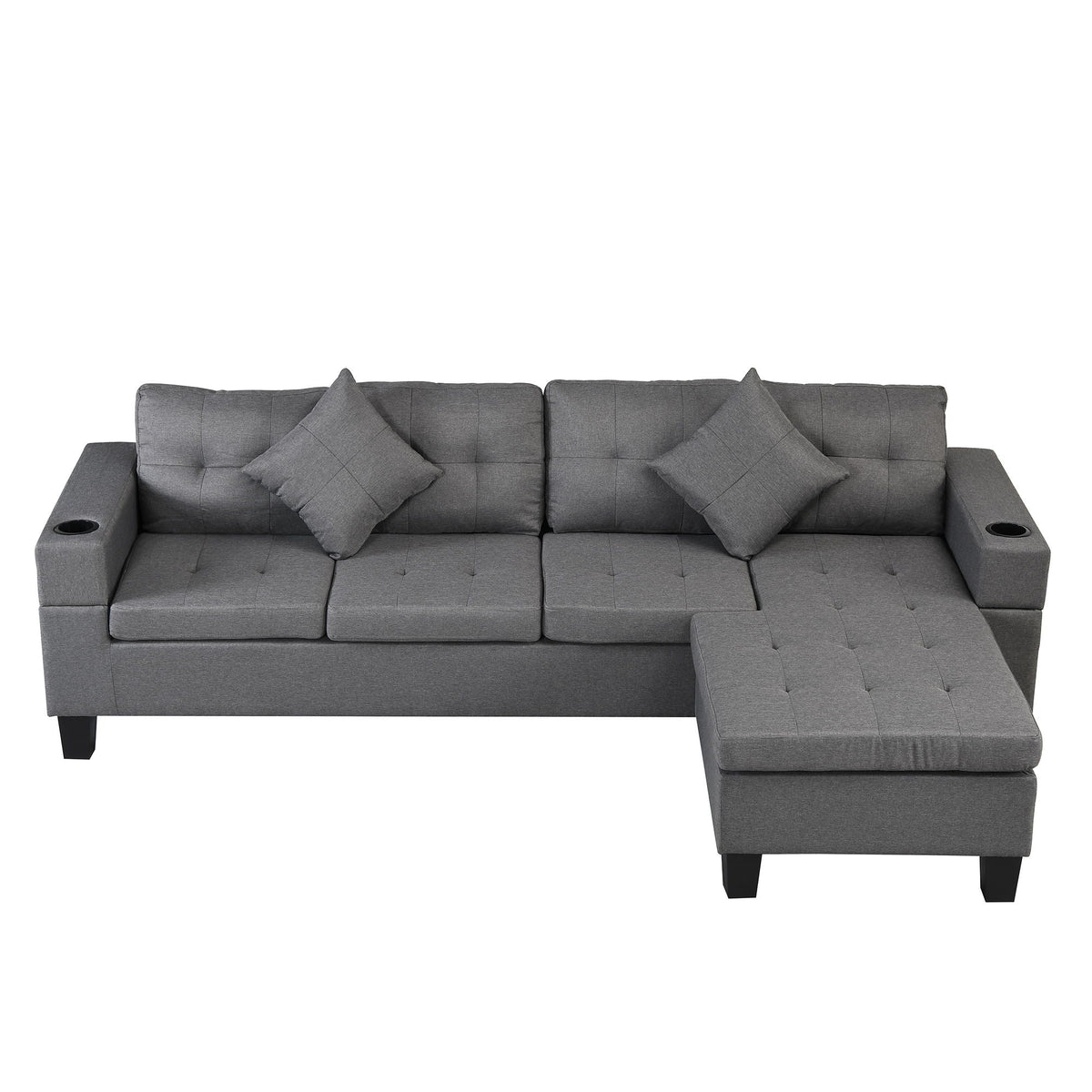 Modern sectional sofa with L-shaped chaise gray fabric, cup holders, 4-seat HouseOfZazla on Tampa Home & Garden Store