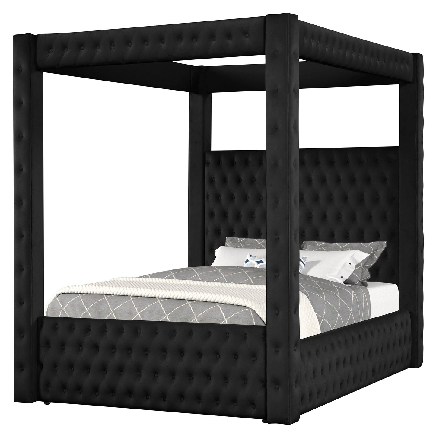 Modern 4 Poster Bed with tufted headboard & footboard in black upholstery by HouseOfZazla on Tampa Home & Garden Store