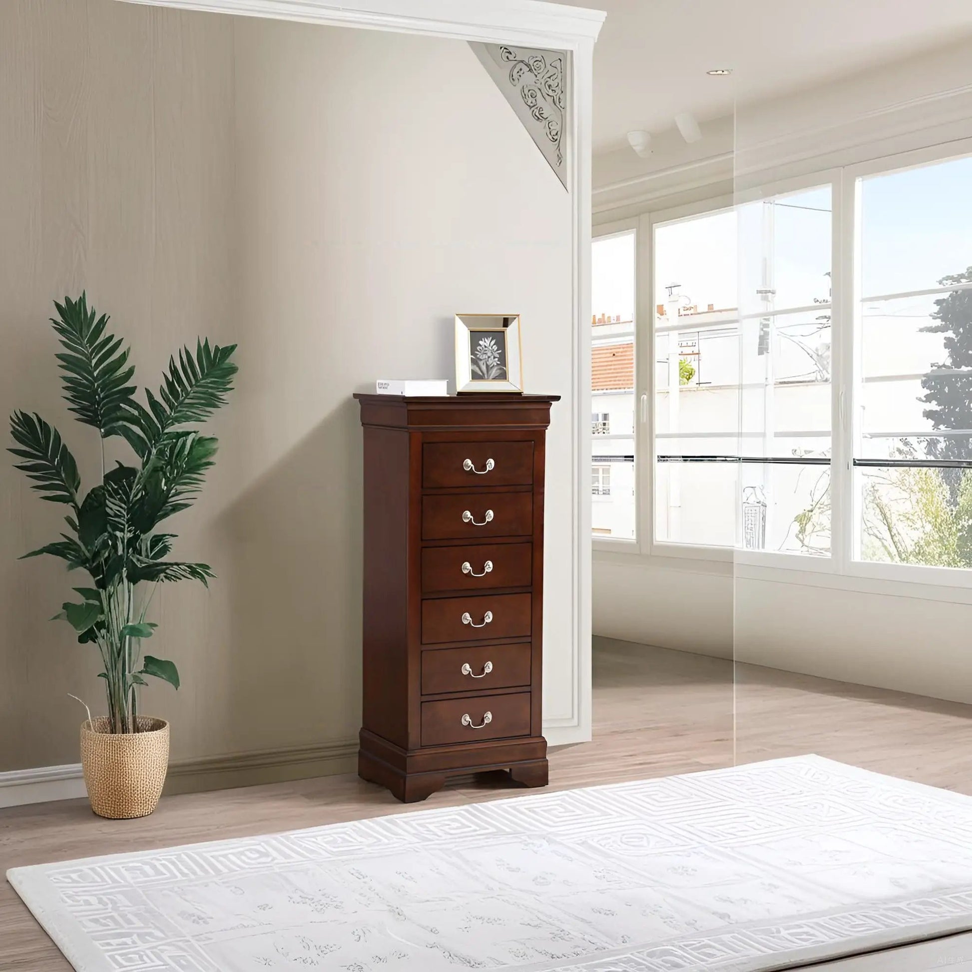 Traditional style lingerie chest by Unique Piece Furniture, tall wood with silver pulls on Tampa Home & Garden Store