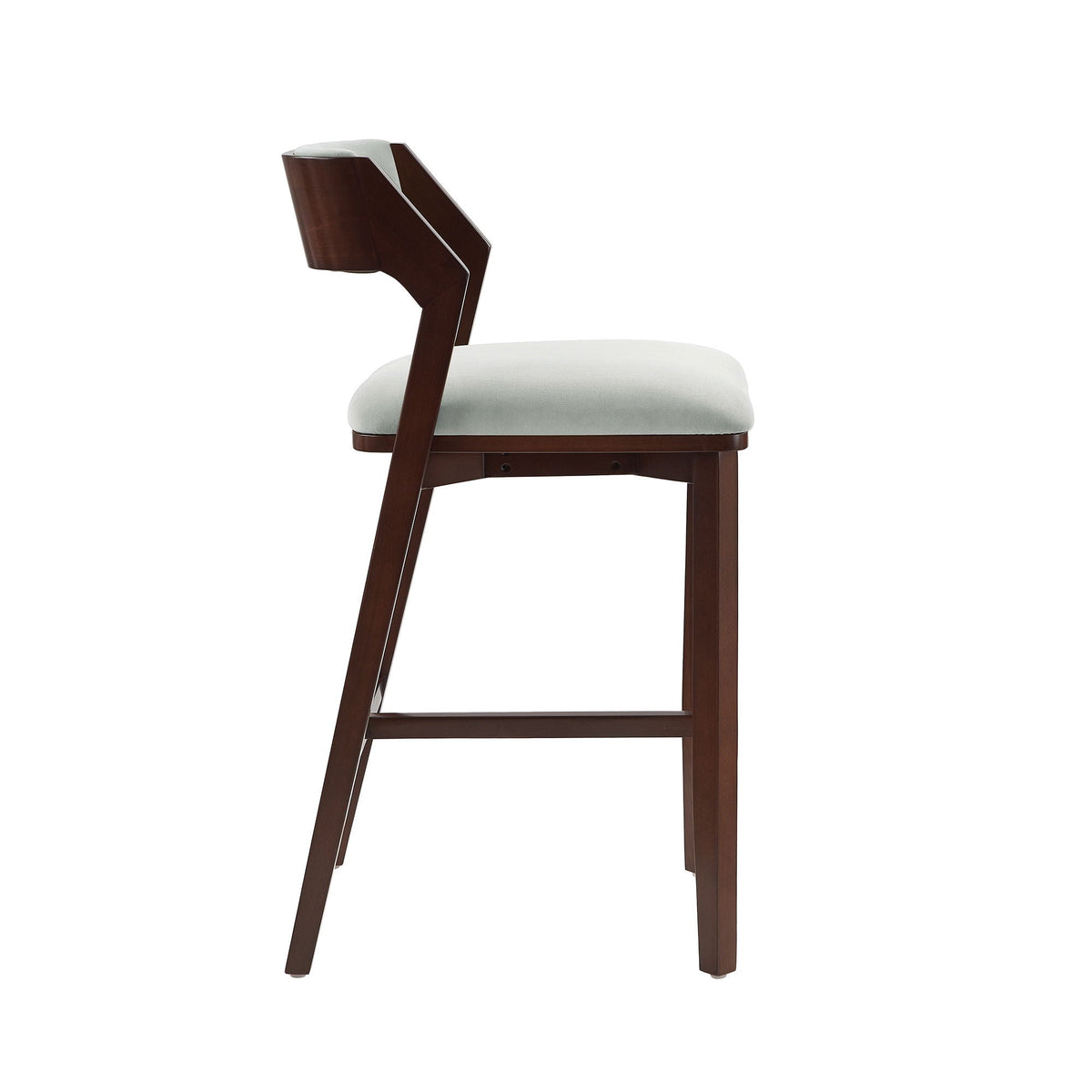 Bar Height Barstool with Backrest by HouseOfZazla, dark wood frame and pale pearl cushion on Tampa Home & Garden Store