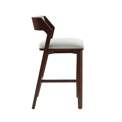 Bar Height Barstool with Backrest by HouseOfZazla, dark wood frame and pale pearl cushion on Tampa Home & Garden Store