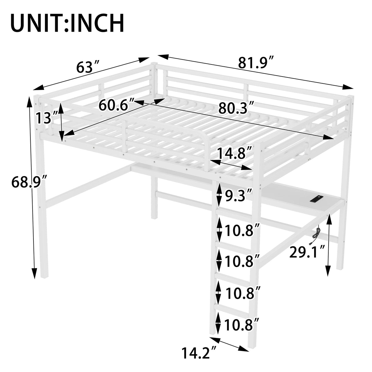 Metal queen-size loft bed by HouseOfZazla with power outlet and LED lighting, white steel frame on Tampa Home & Garden Store