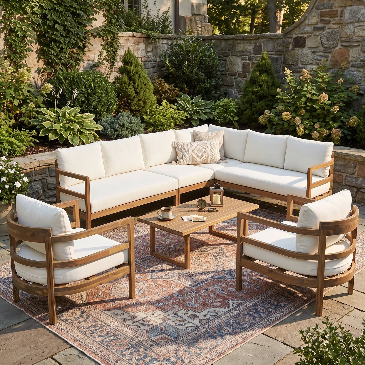 Outdoor Acacia Wood 7-Seater Sectional Sofa Set with cream cushions and natural wood frame on Tampa Home & Garden Store
