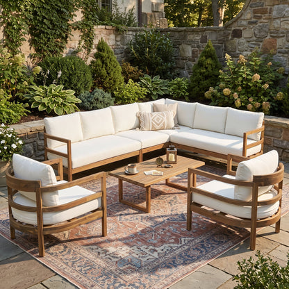 Outdoor Acacia Wood 7-Seater Sectional Sofa Set with cream cushions and natural wood frame on Tampa Home & Garden Store