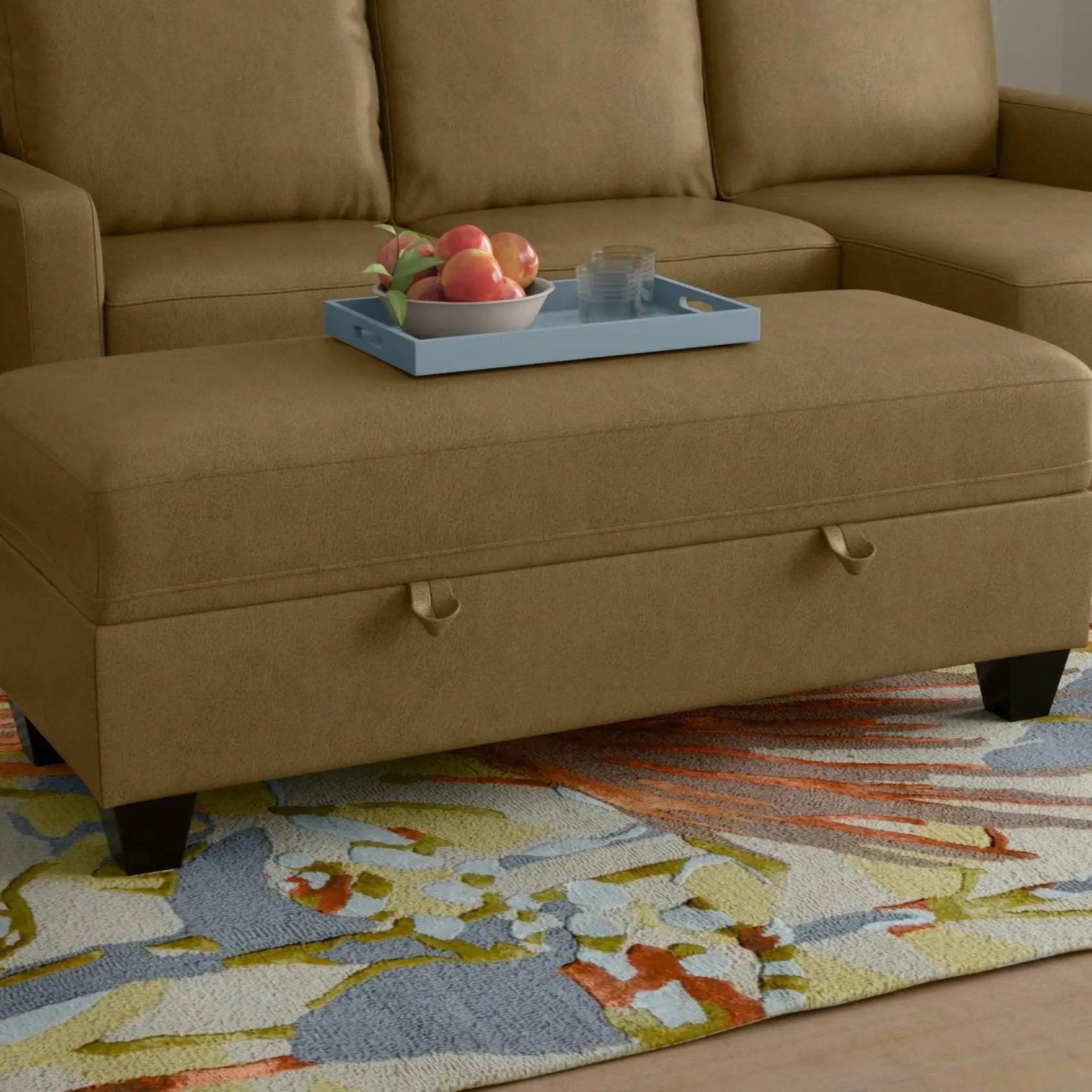 Drason Storage Ottoman by Unique Piece Furniture in tan faux leather with blue tray on Tampa Home & Garden Store