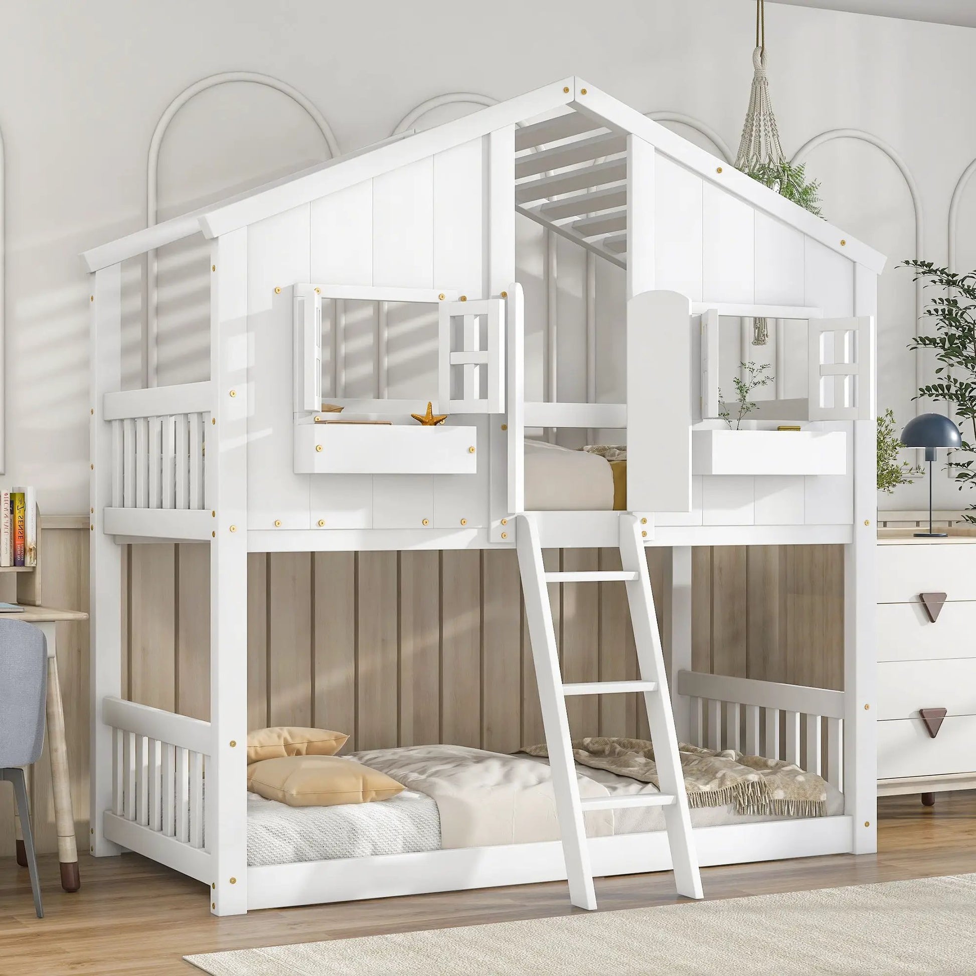 White house bunk bed with roof, window, door, guardrails and ladder on Tampa Home & Garden Store