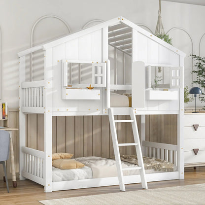 White house bunk bed with roof, window, door, guardrails and ladder on Tampa Home & Garden Store