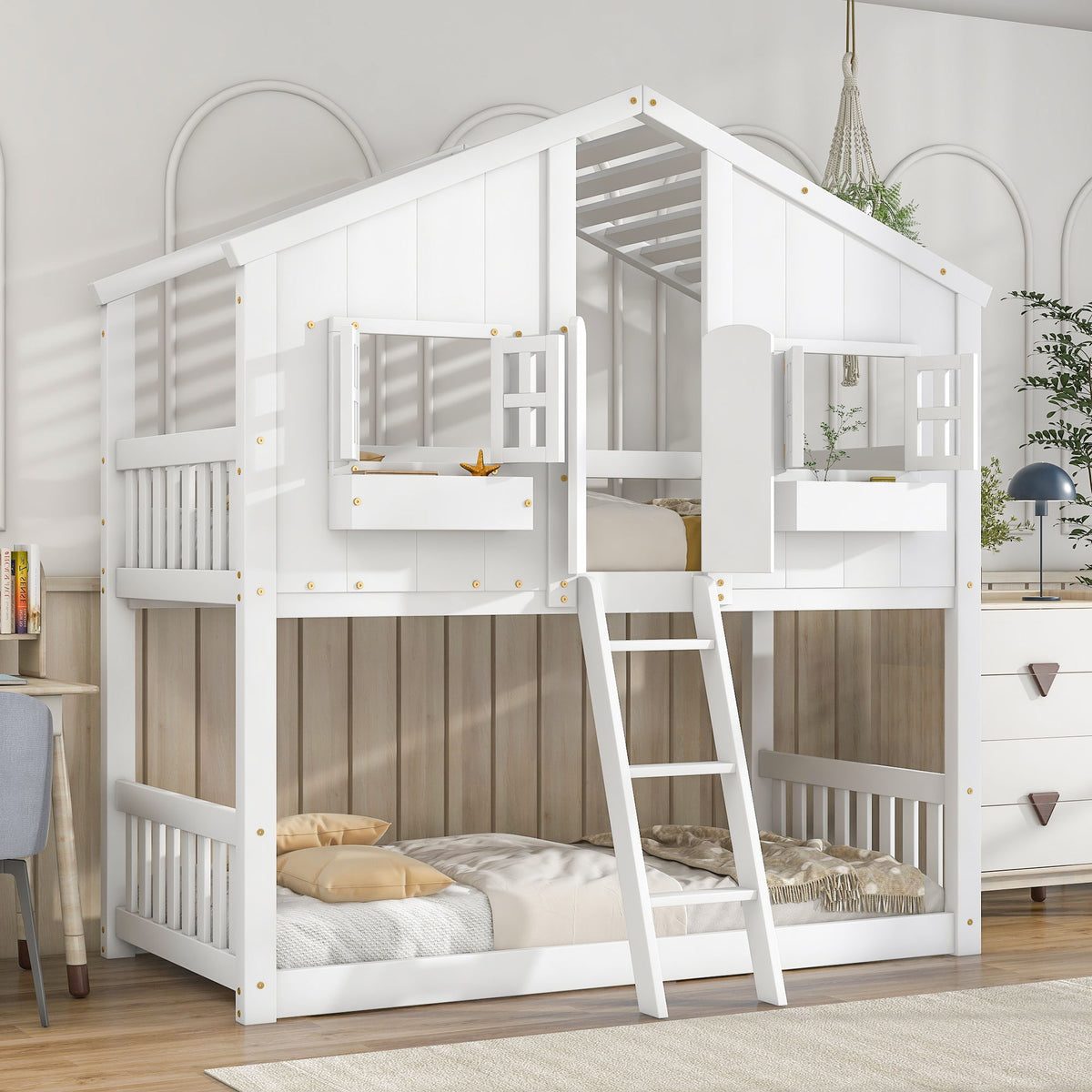 White house bunk bed with roof, window box, door, guardrails and ladder by HouseOfZazla on Tampa Home & Garden Store