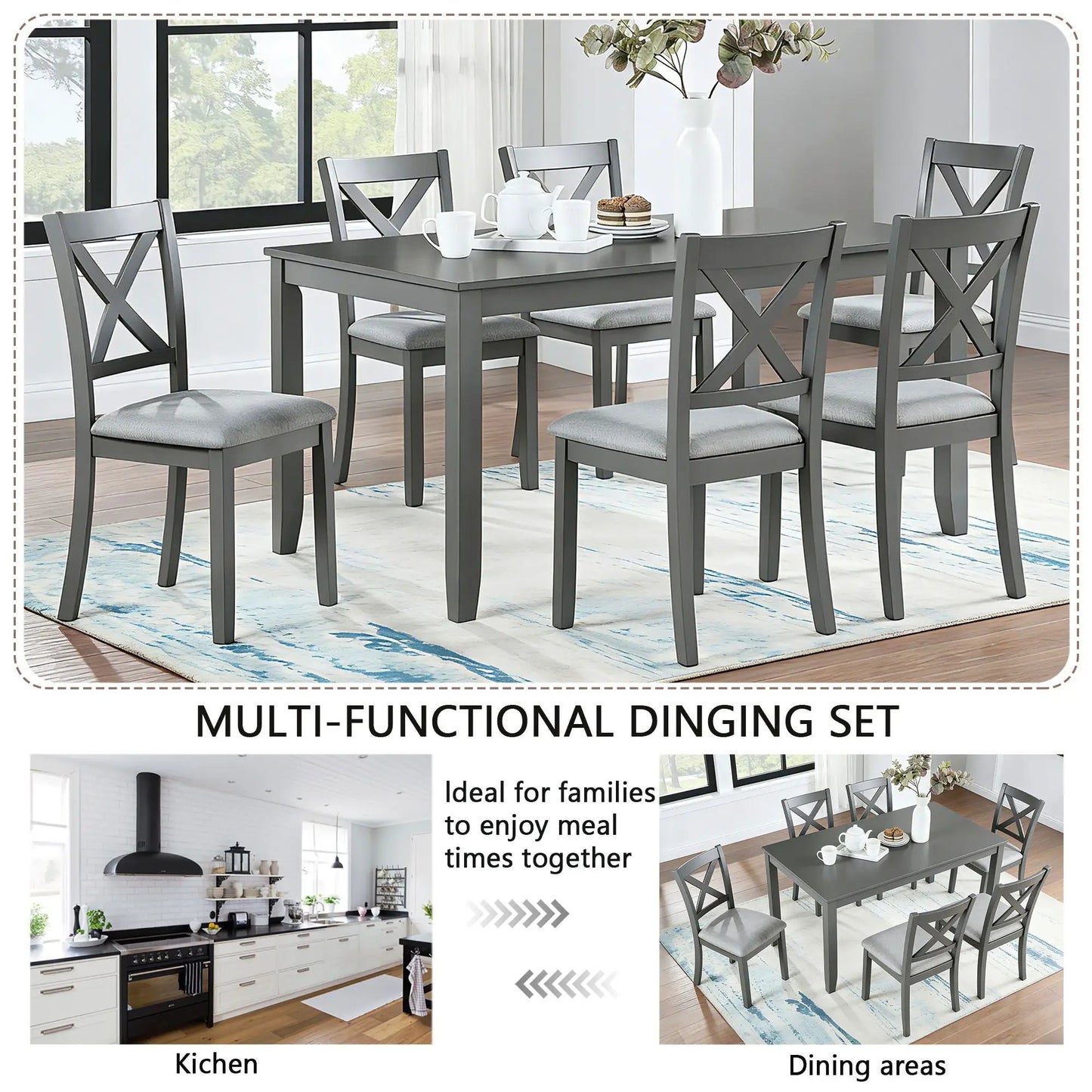 Kitchen dining set 6-piece gray table with cushioned cross-back chairs by Unique Piece Furniture on Tampa Home & Garden Store