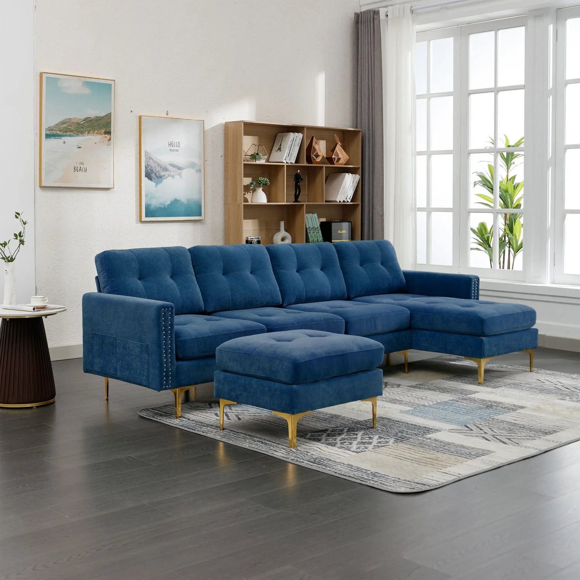 L-shaped sectional sofa with movable ottoman, blue velvet, 2-piece set by Unique Piece Furniture on Tampa Home & Garden Store