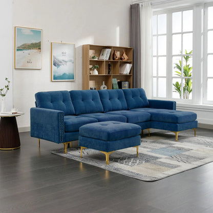 L-shaped sectional sofa with movable ottoman, blue velvet, 2-piece set by Unique Piece Furniture on Tampa Home & Garden Store