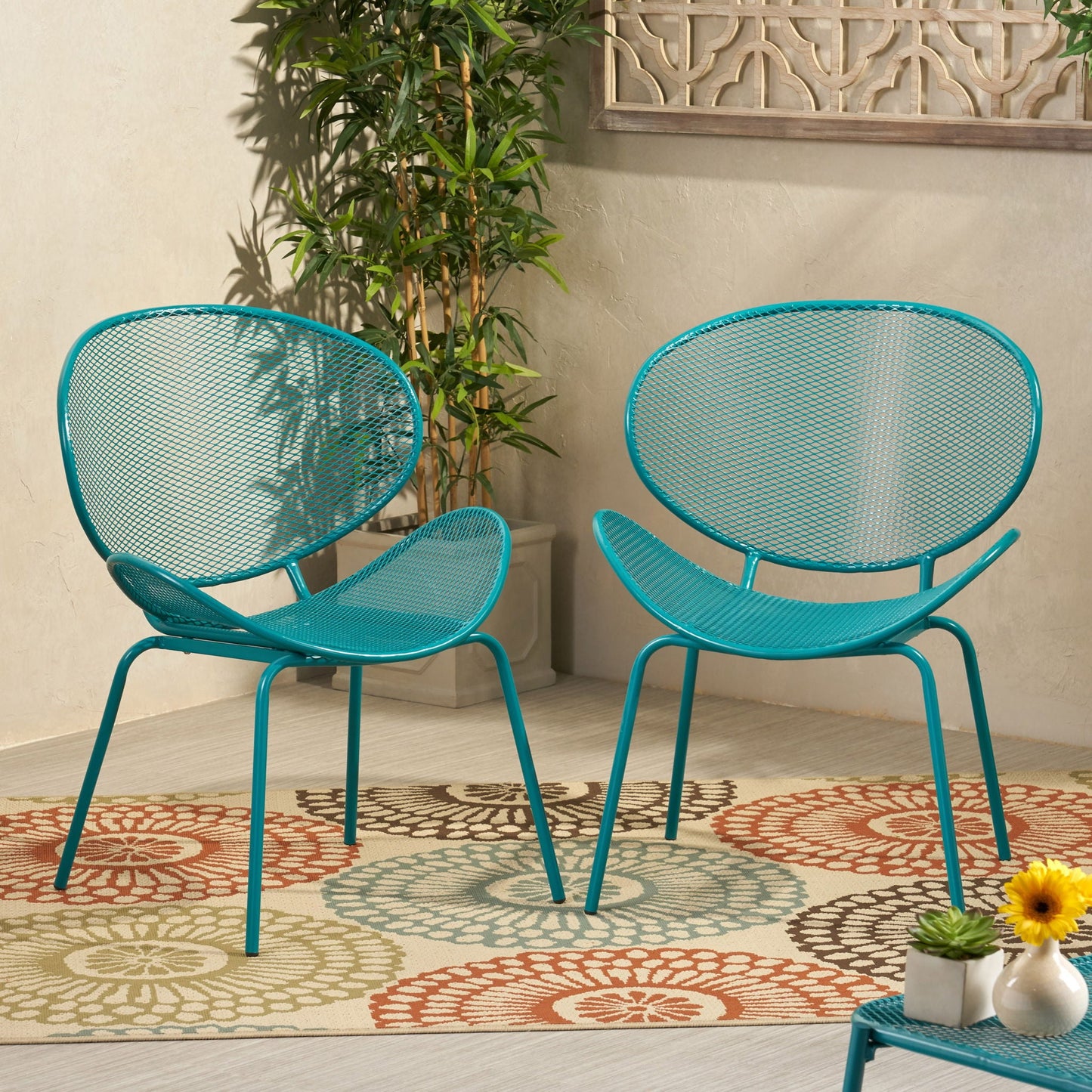 Elba Contemporary Armless Outdoor Chairs by HouseOfZazla in turquoise metal mesh set of 4 on Tampa Home & Garden Store
