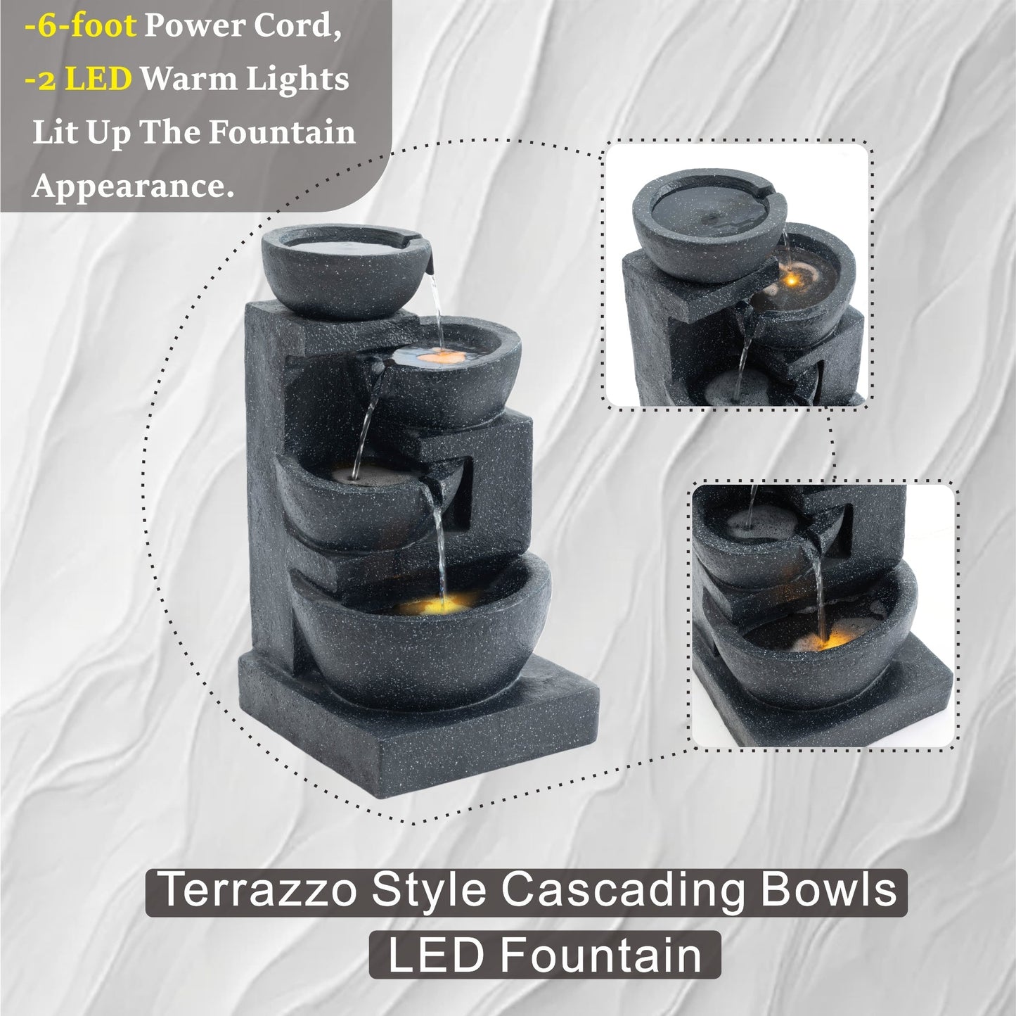 29-Inch Terrazzo Style LED Fountain cascading bowls water feature by HouseOfZazla on Tampa Home & Garden Store