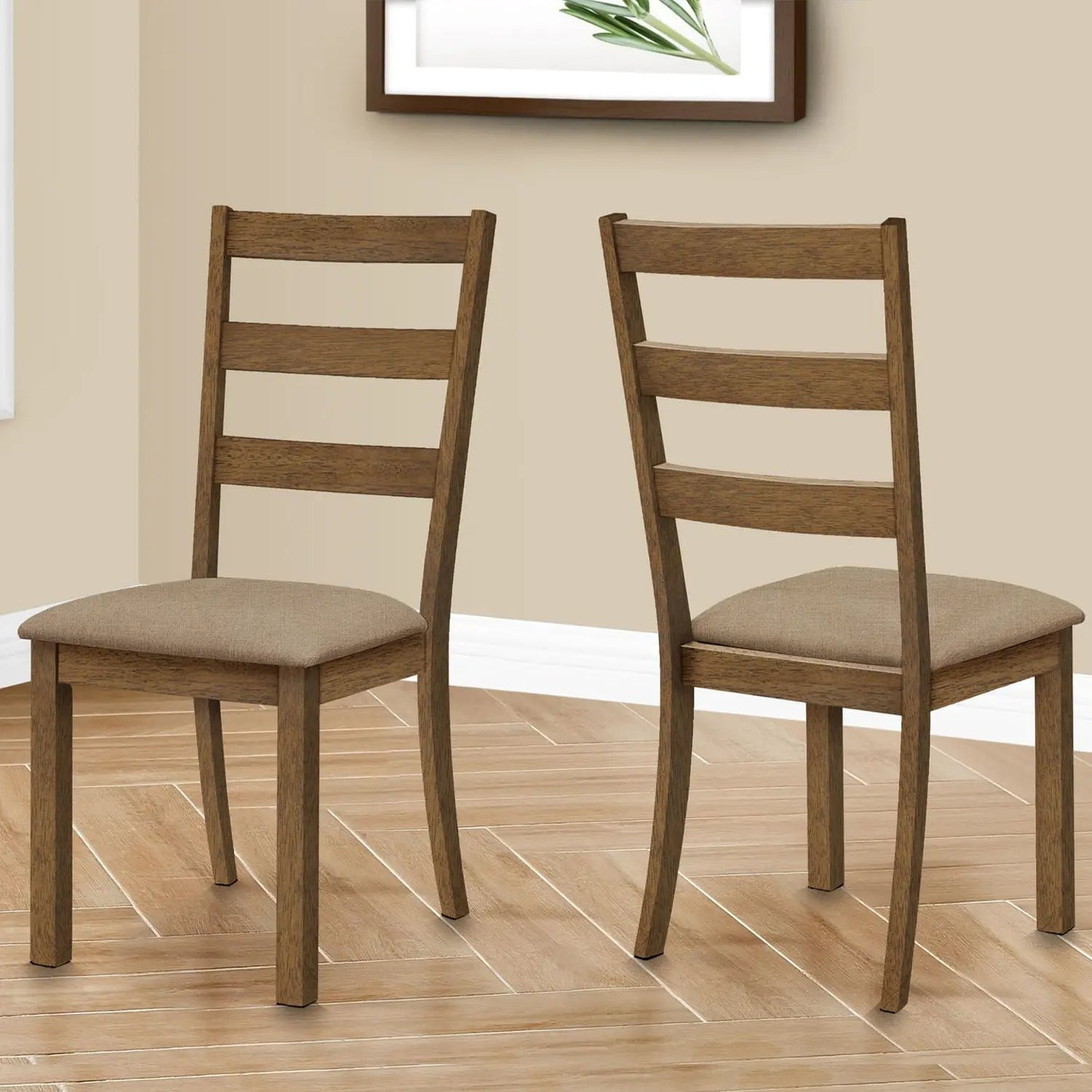 Dining chairs set of 2 with beige upholstered seats and wood ladder-back on Tampa Home & Garden Store