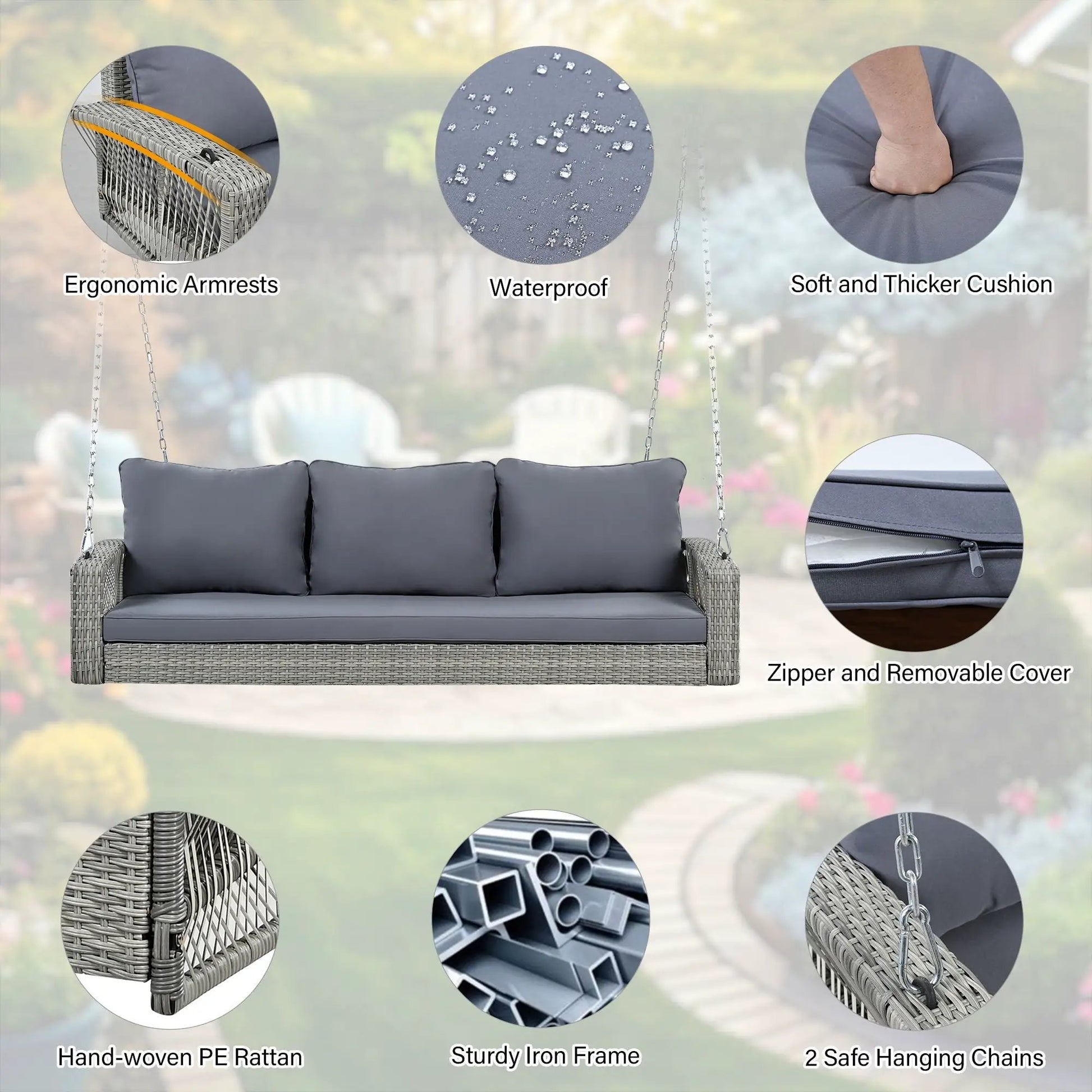 3 Person Large Patio Swing Bench with Cushions in grey PE rattan by Unique Piece Furniture on Tampa Home & Garden Store