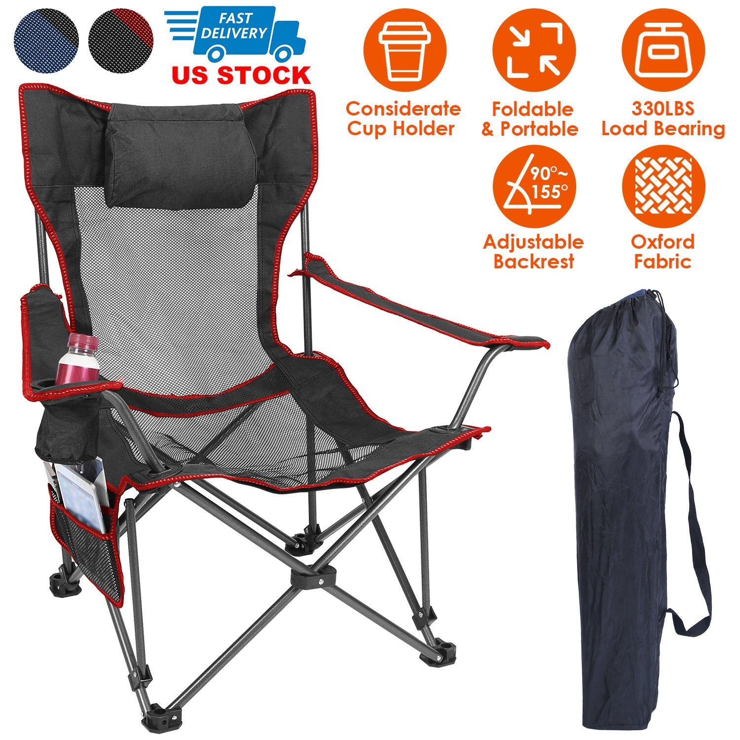 GemGear foldable camping chair with reclining backrest, black mesh seat, red trim, cup holder on Tampa Home & Garden Store