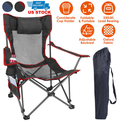 GemGear foldable camping chair with reclining backrest, black mesh seat, red trim, cup holder on Tampa Home & Garden Store