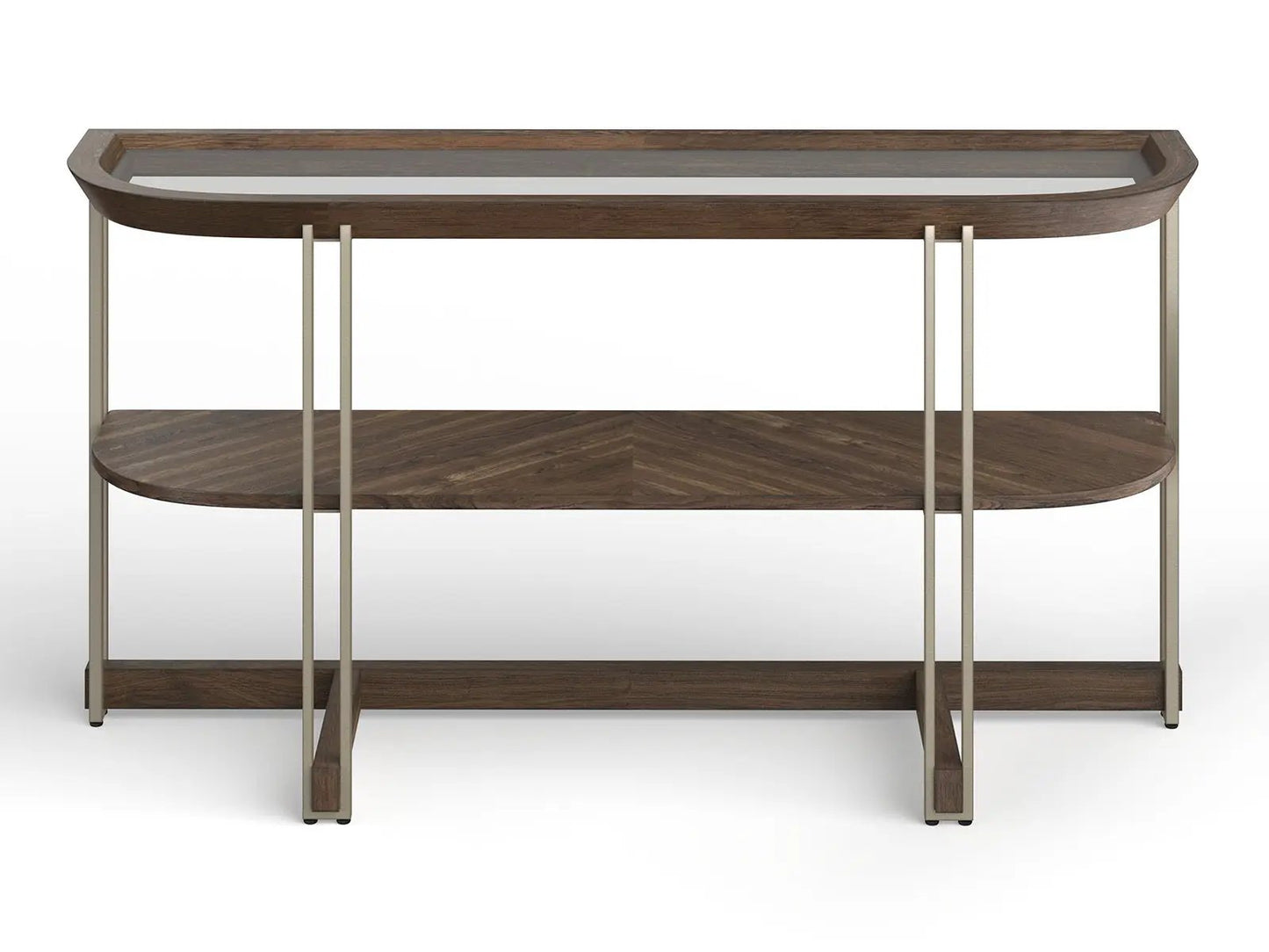 Elora demilune walnut sofa table with glass inset top and brass-tone legs, 2-tier on Tampa Home & Garden Store