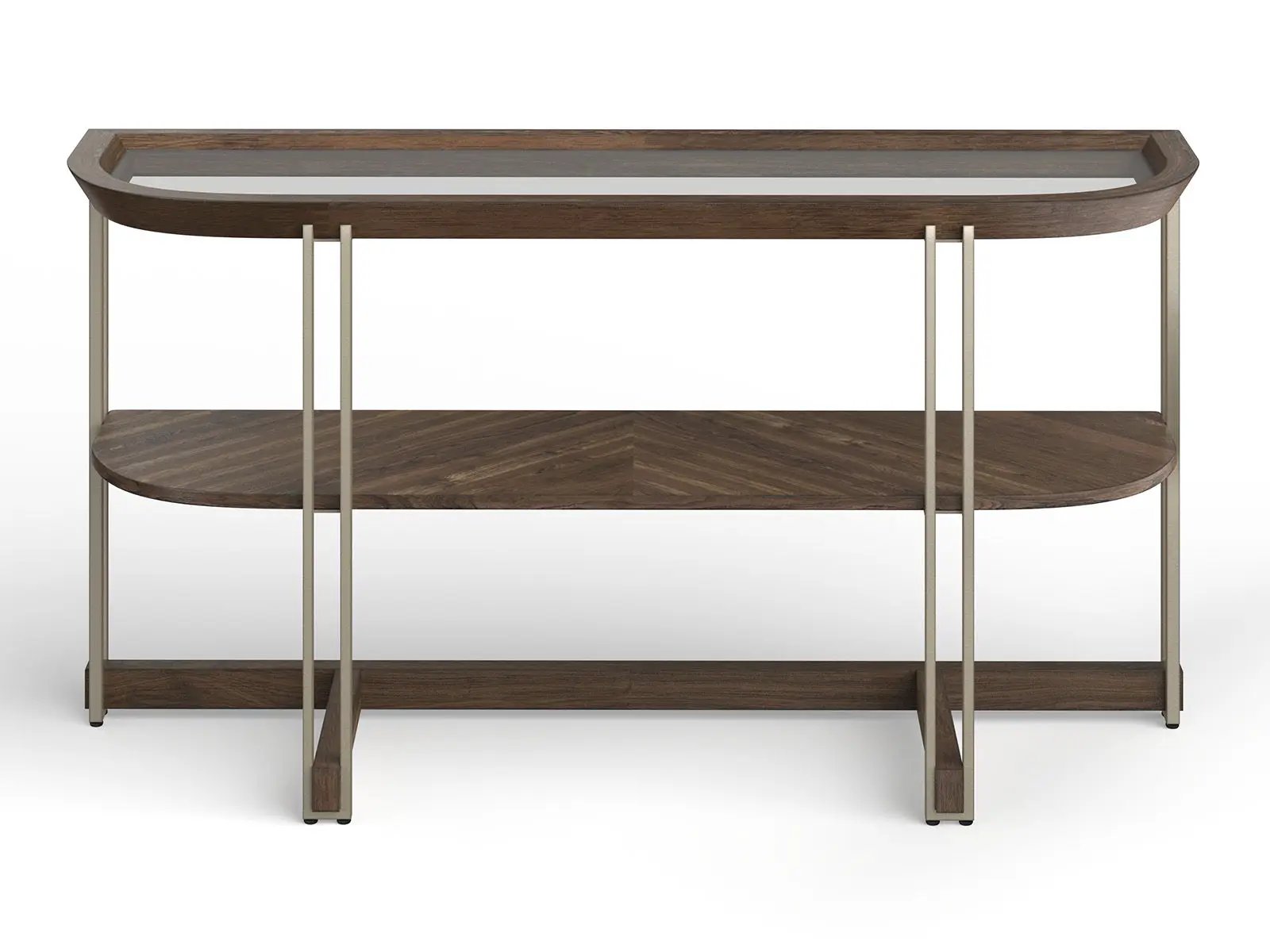 Elora demilune walnut sofa table with glass inset top and brass-tone legs, 2-tier on Tampa Home & Garden Store