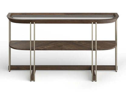 Elora demilune walnut sofa table with glass inset top and brass-tone legs, 2-tier on Tampa Home & Garden Store