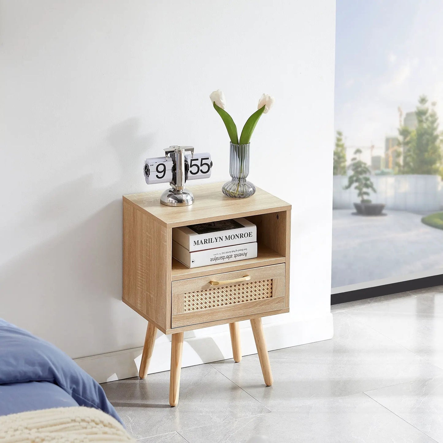 Rattan end table with drawer and solid wood legs, natural finish Unique Piece Furniture on Tampa Home & Garden Store