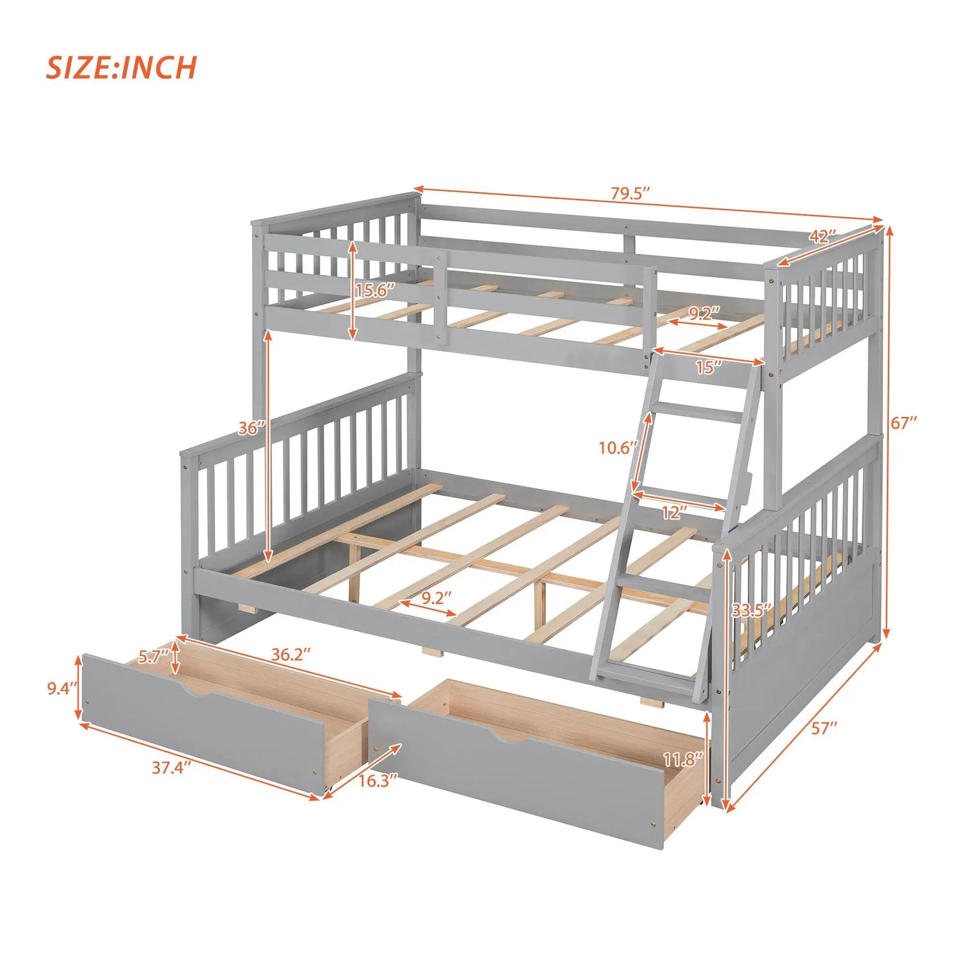 Bunk bed with ladders and 2 drawers by Unique Piece Furniture, gray rails on Tampa Home & Garden Store