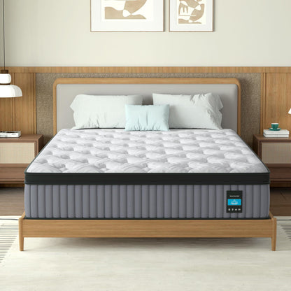 14in King Hybrid Mattress with memory foam and pocket springs on a gray upholstered bed on Tampa Home & Garden Store