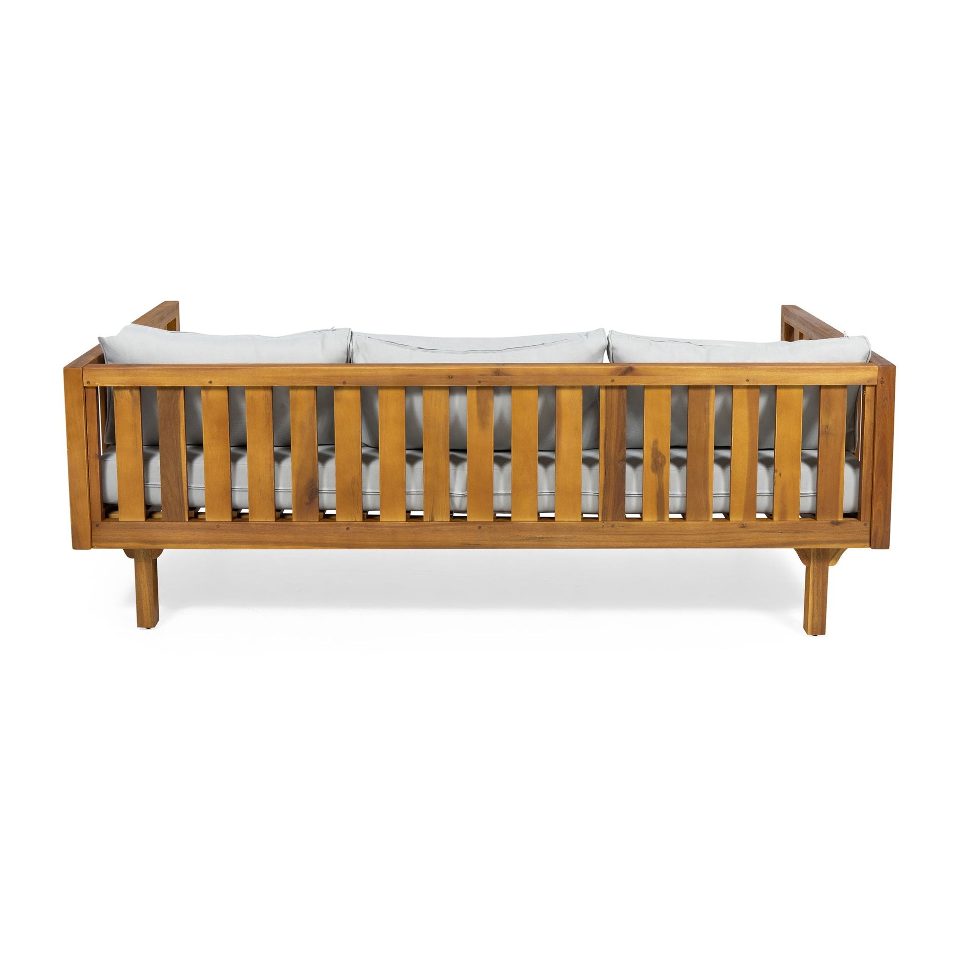 Claremont 3 Seater Daybed in teak acacia wood with gray water resistant cushions on Tampa Home & Garden Store