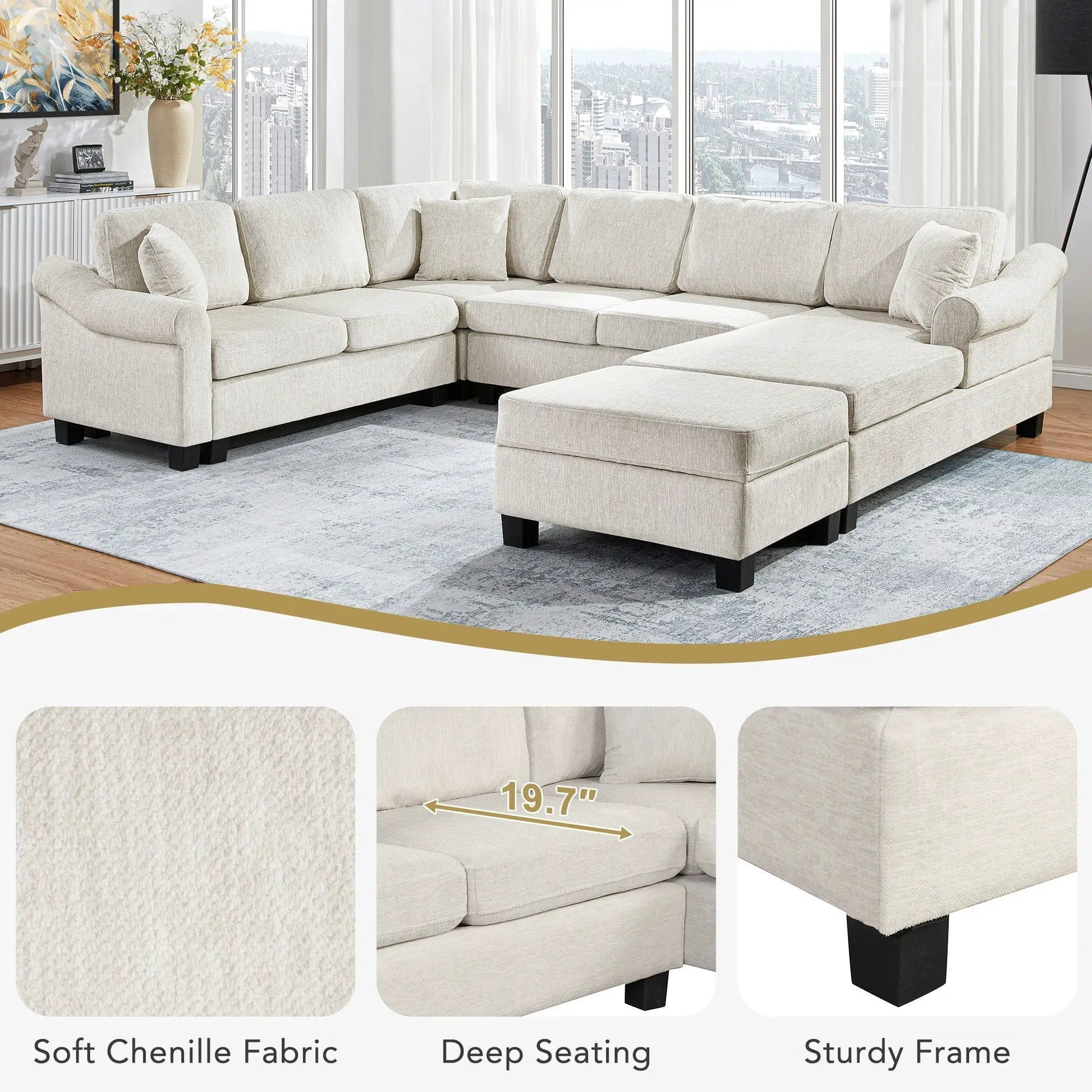 Ushaped sectional with movable storage ottoman in beige chenille, 2-piece set on Tampa Home & Garden Store