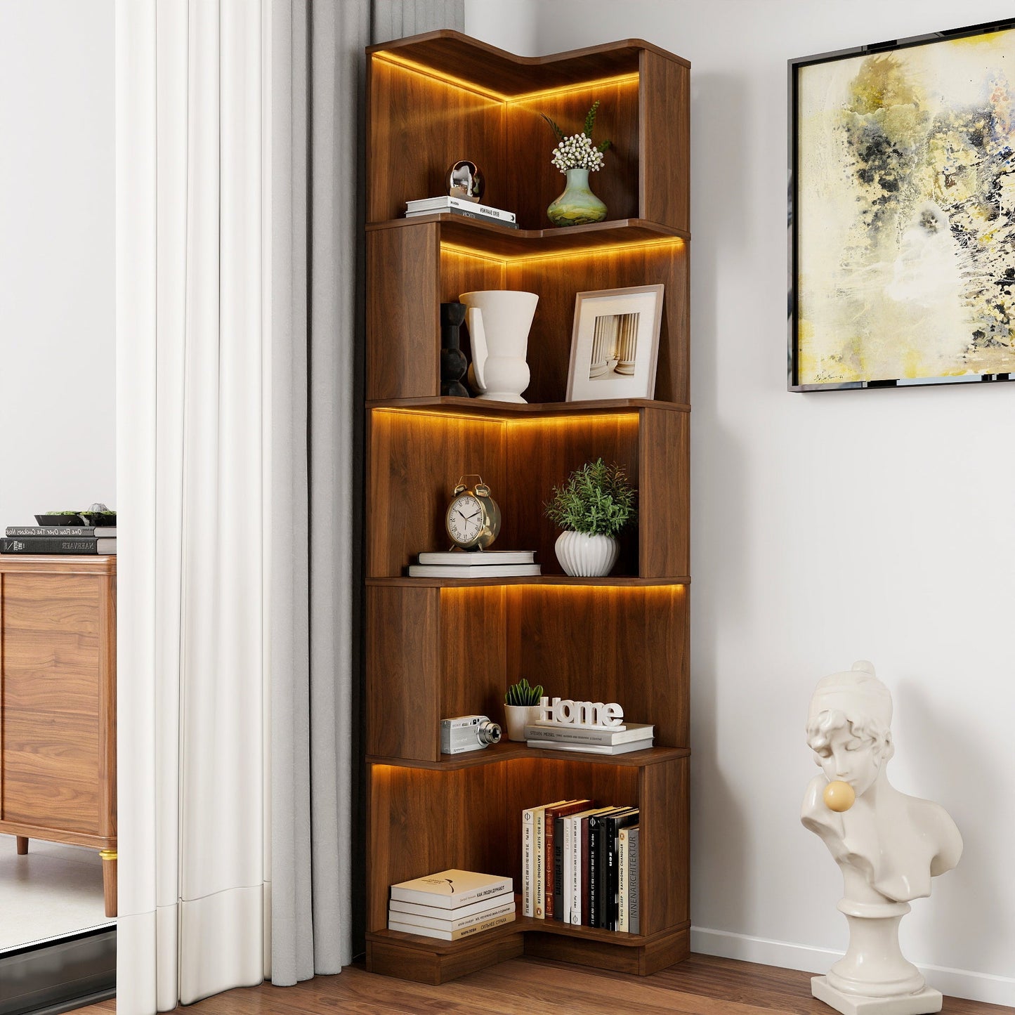 Corner Book Shelf - 5-Tier wooden etagere with warm LED lighting by HouseOfZazla on Tampa Home & Garden Store