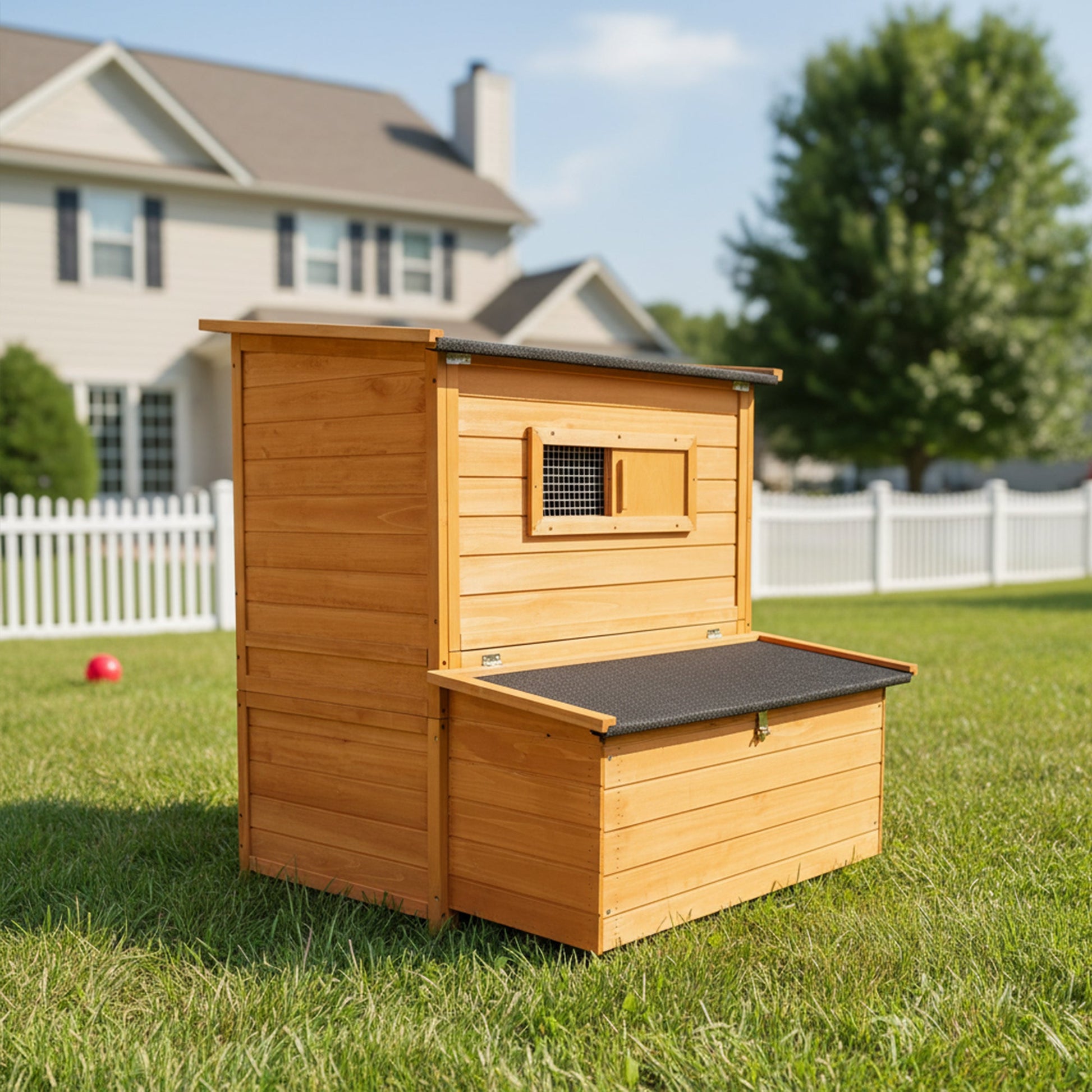 Double-House wooden chicken coop by HouseOfZazla for 6-8 chickens, front mesh window in backyard on Tampa Home & Garden Store